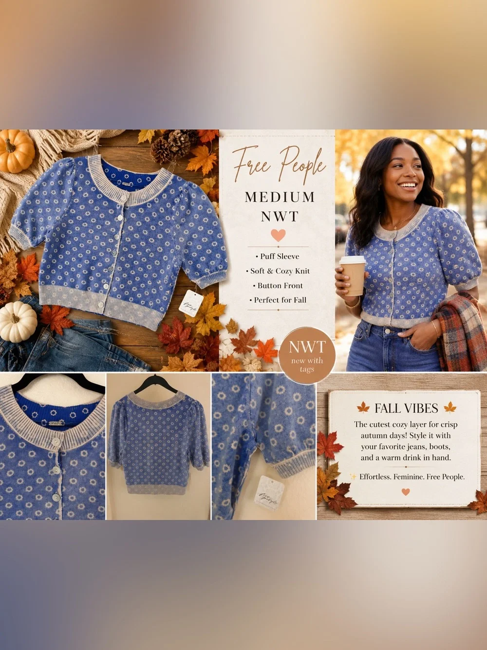Free People Blue Floral Puff Sleeve Cardigan Sweater Medium NWT